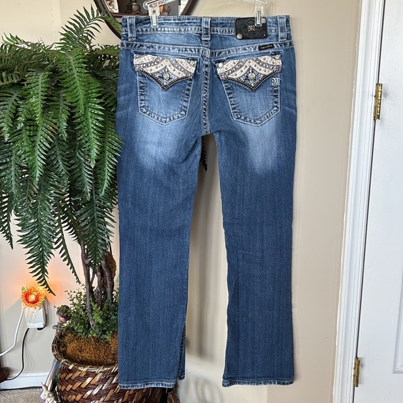 Miss Me Vintage Rhinestone Studded Y2K Mid Rise Bootcut Denim Washed Blue Jeans - Picture 2 of 16
